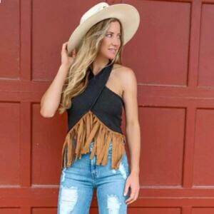 NEW Blue Buttercup Boutique Fringe Halter Top Western Boho Festival Style Crop